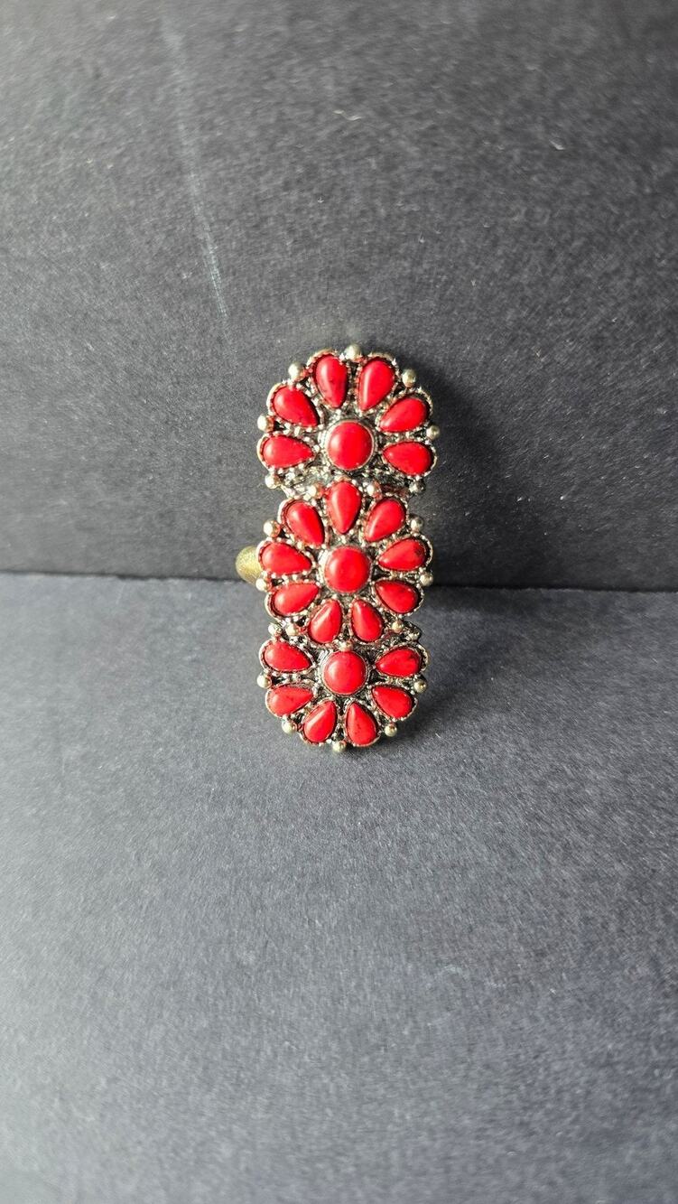 Red Floral Full Finger Cocktail Ring Size 7 Gold Silver Tone Boho Jewelry